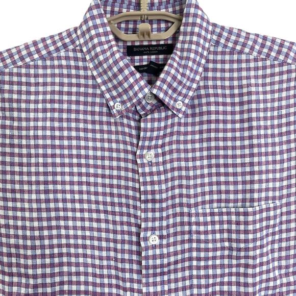 Banana Republic Mens 100% Linen Button Down Shirt Red Blue Plaid Medium - Picture 1 of 7
